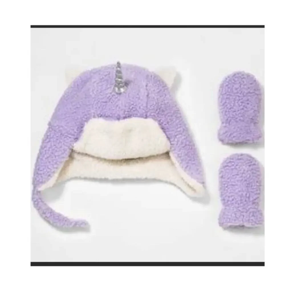 Cat & Jack Girls Baby Unicorn Beanie Purple Fleece Ear Flaps 6-12 Months New